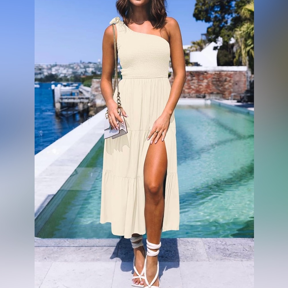 Summer One Shoulder Sleeveless Knot Midi Dress Split Tiered Flowy Dresses